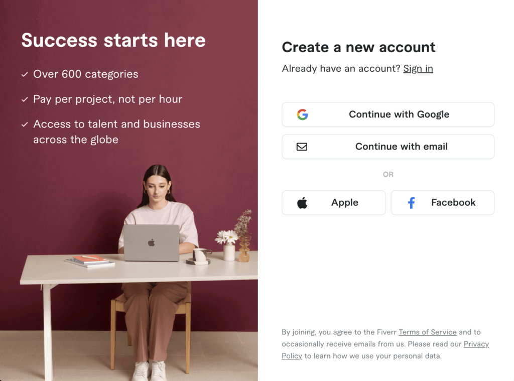 Create account on Fiverr